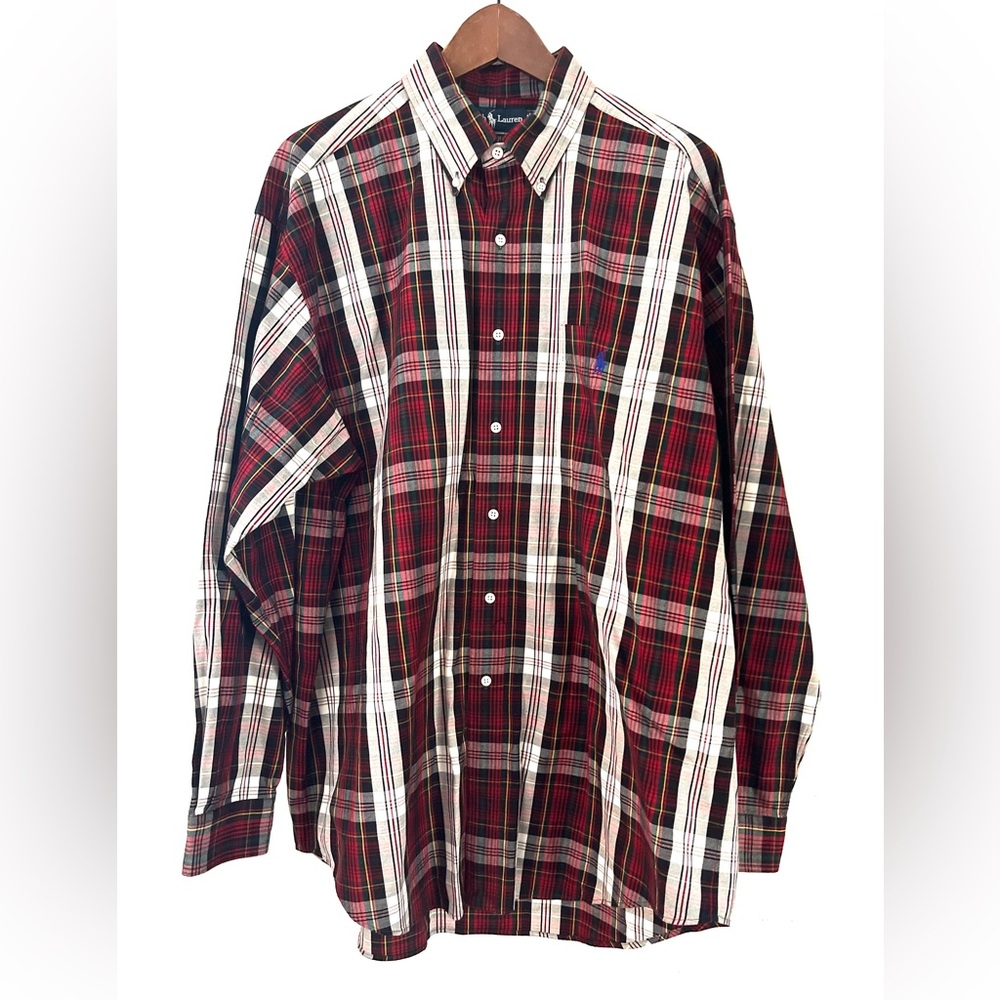 Ralph Lauren Vintage Button Down Red Green Blue Plaid Shirt 100% Cotton Large